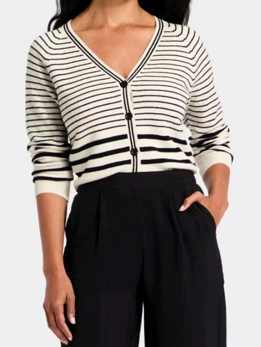 NWT A New Day Plus Striped V-Neck Button Cardigan Sweater - Cream & Black(Sz:4x)